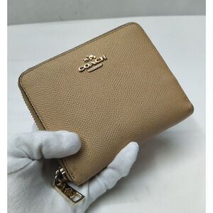 Coach Beige Leather Credit Card Zip Around Square Wallet
